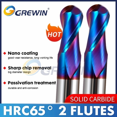 HRC65 CNC 2 κομματιών τρυπανιών μηχανών άλεσης μύλος τελών Bullnose καρβιδίου βολφραμίου φλαούτων